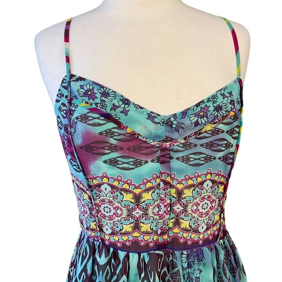 Betsey Johnson VTG Y2K Boho Multicolor Strappy Maxi Slip Dress Ruffle Hem 10 - Picture 2 of 7